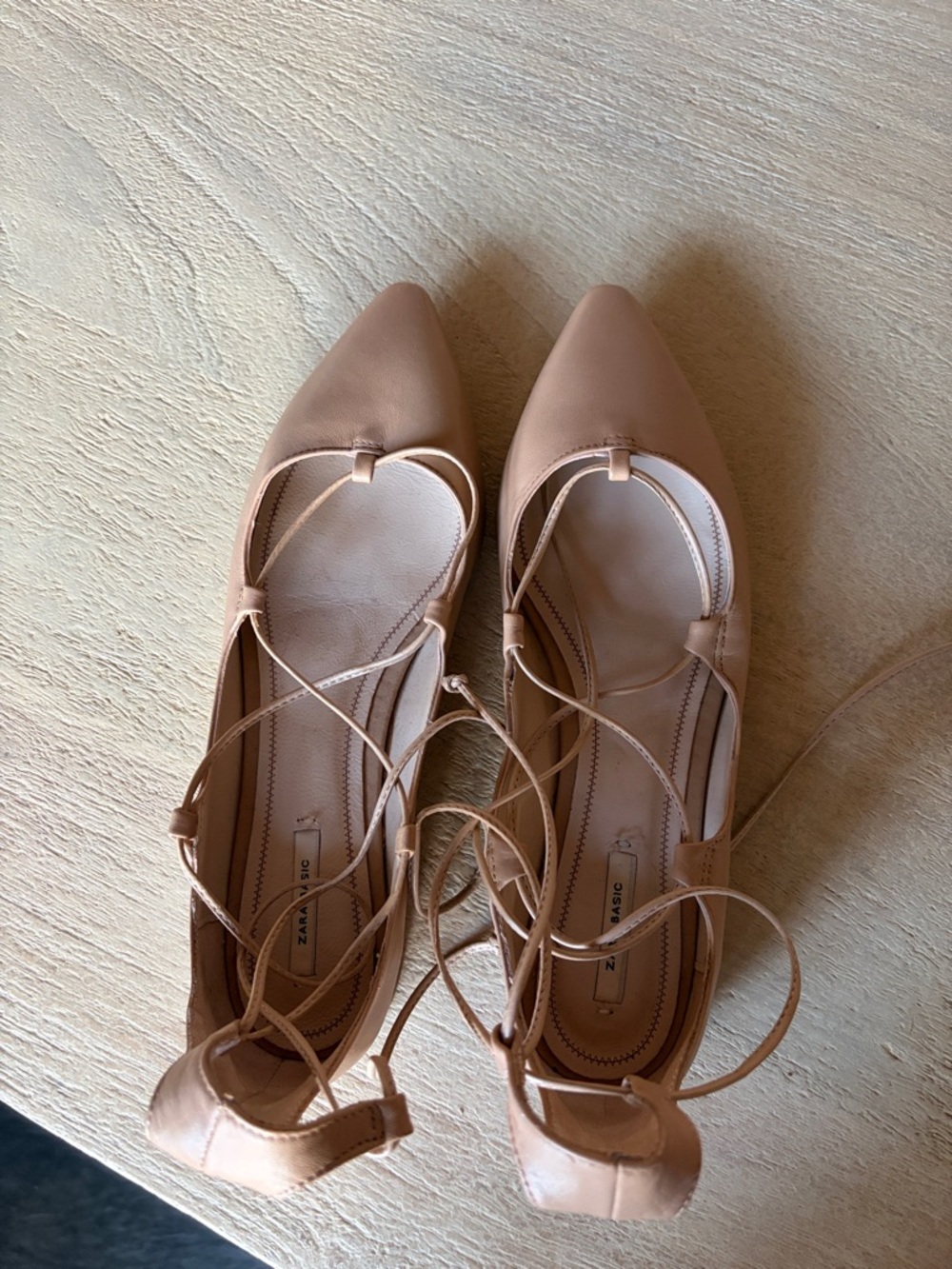 Zara Beige Pointed-Toe Lace-Up Flats